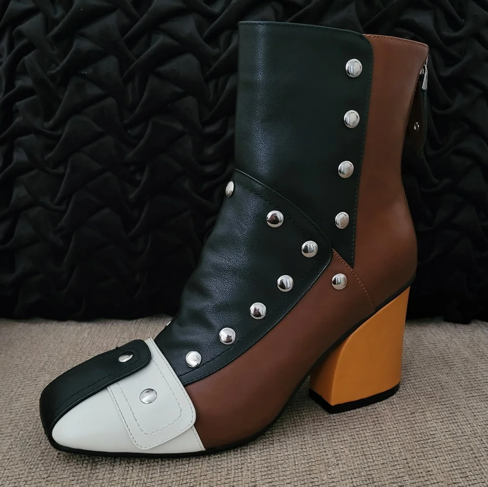 JOCHEBED HU GENUINE LEATHER RETRO STUDDED COLORBLOCK BOOTIES